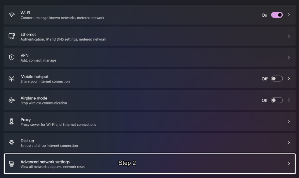 Click on Advanced Network Settings Click on Advanced Network Settings