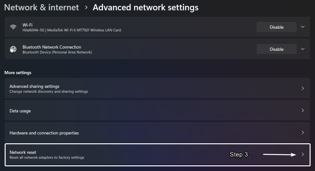 Click on Network Reset