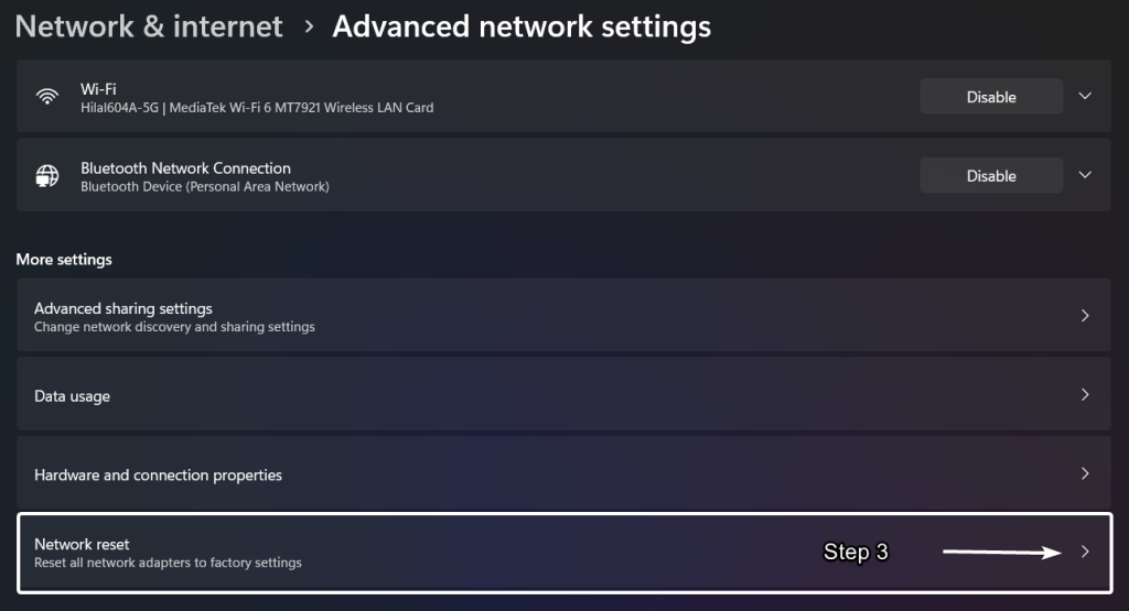Click on Network Reset Click on Network Reset