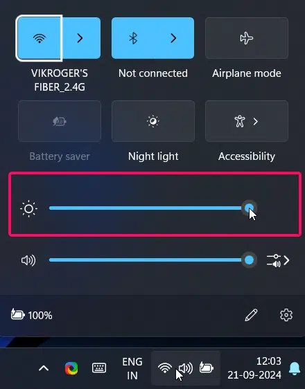 Using Action Center to change system brightness