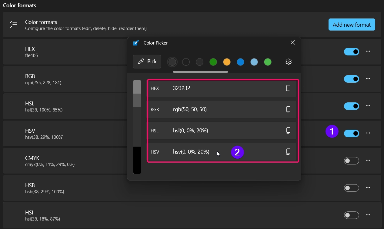 Adding Color Formats in Color Picker Settings