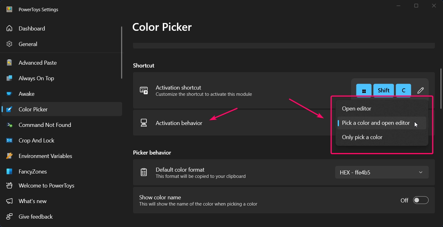 Activation behaviour options in color picker utility