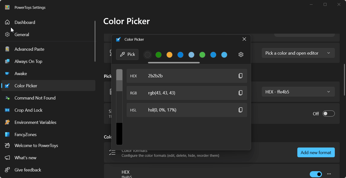 Exporting Colors from the Color Picker Editor's history