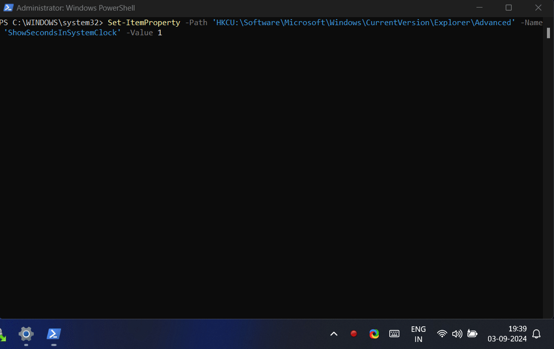 PowerShell script to display seconds in system tray clock