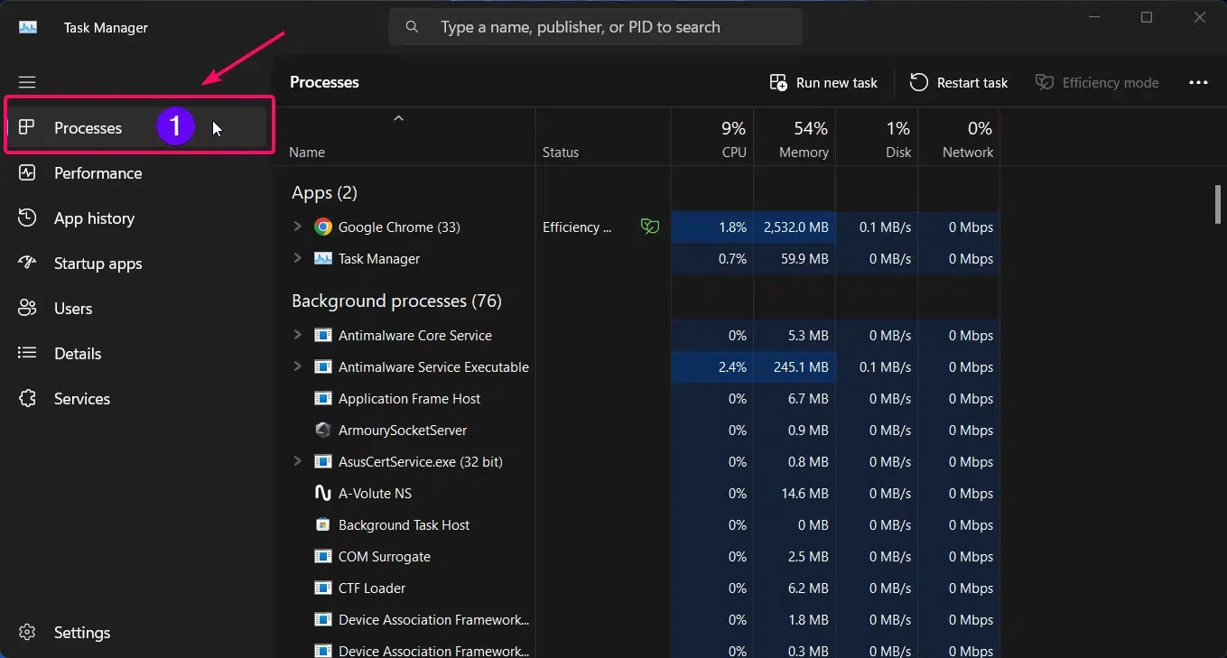 Task Manager Process View