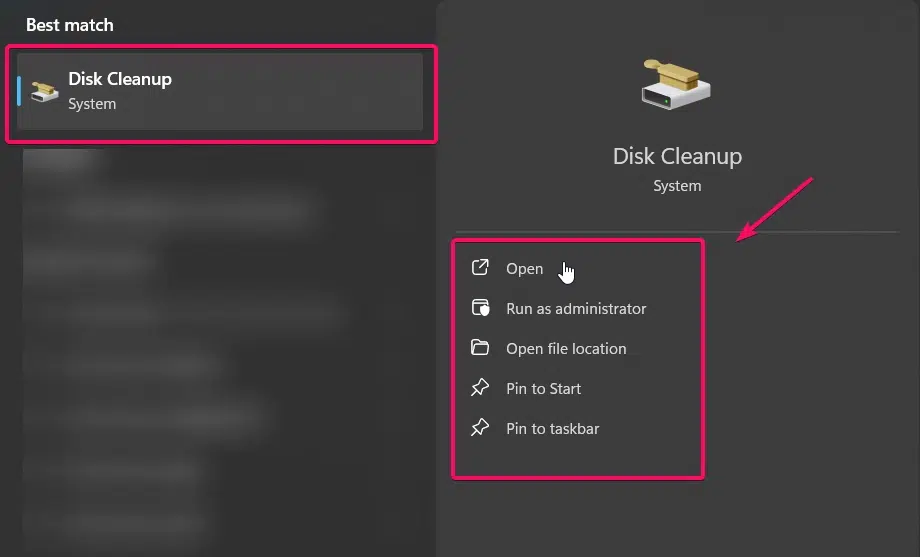 Launching Disk Cleanup Tool from Start Menu