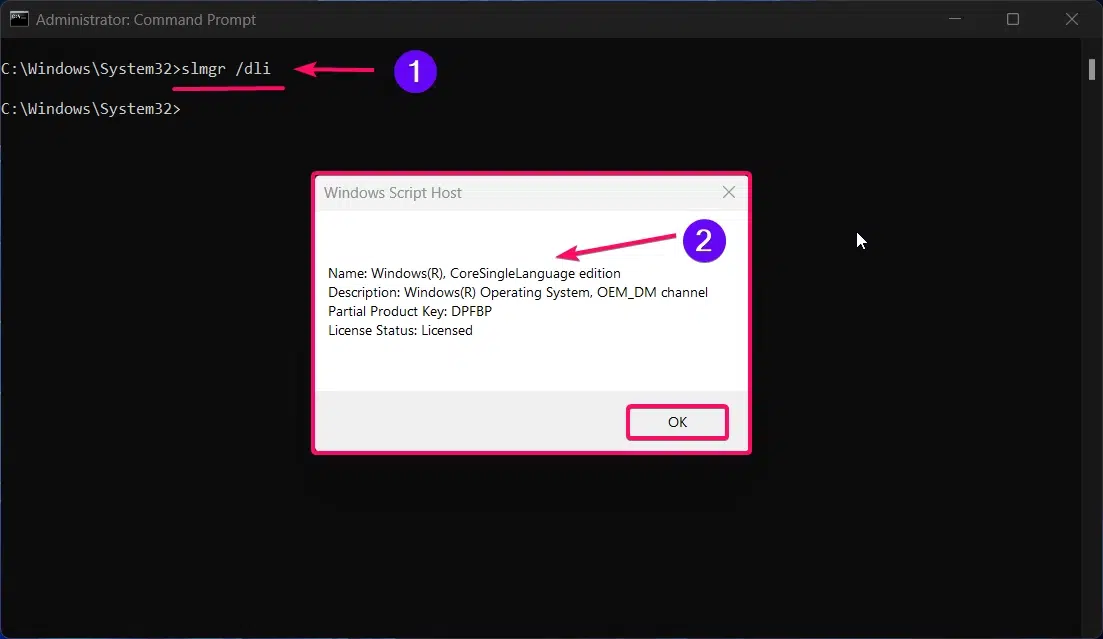 using Software Licensing Management Tool command to display os editions details