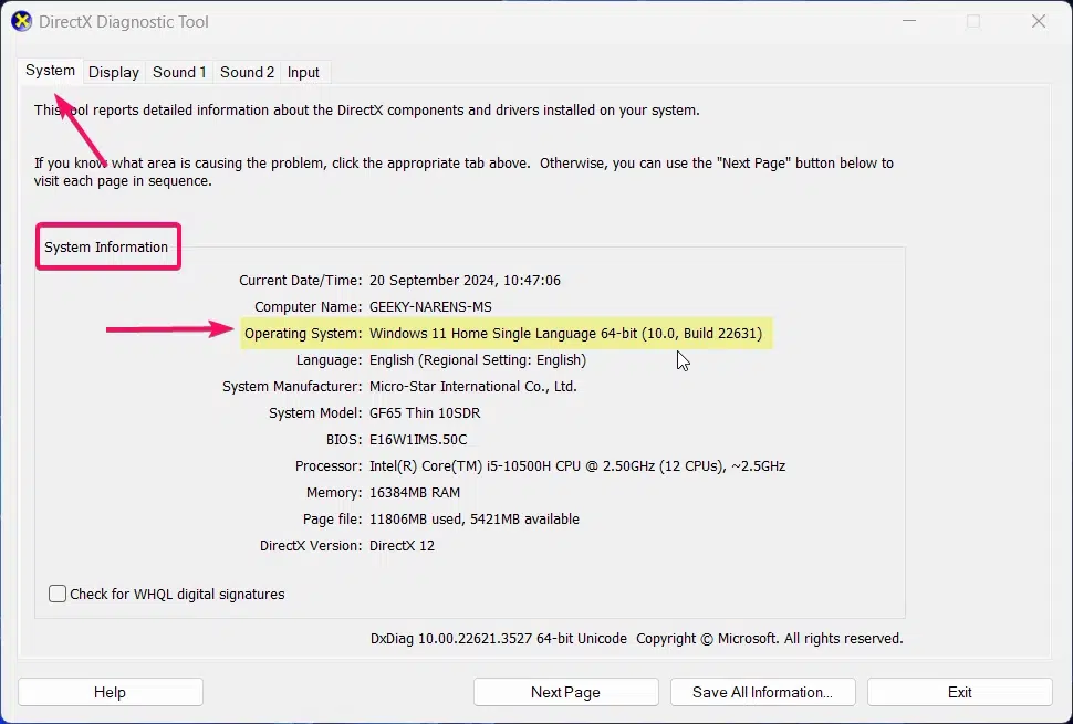 Finding Windows 11OS Edition using DirectX Diagnostic Tool 