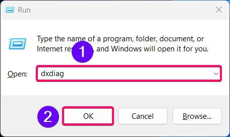 Opening DirectX diagnostic tool using Run Window