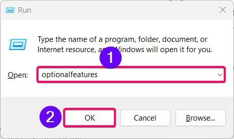 Opening Turn Windows Features on or off using Run Window