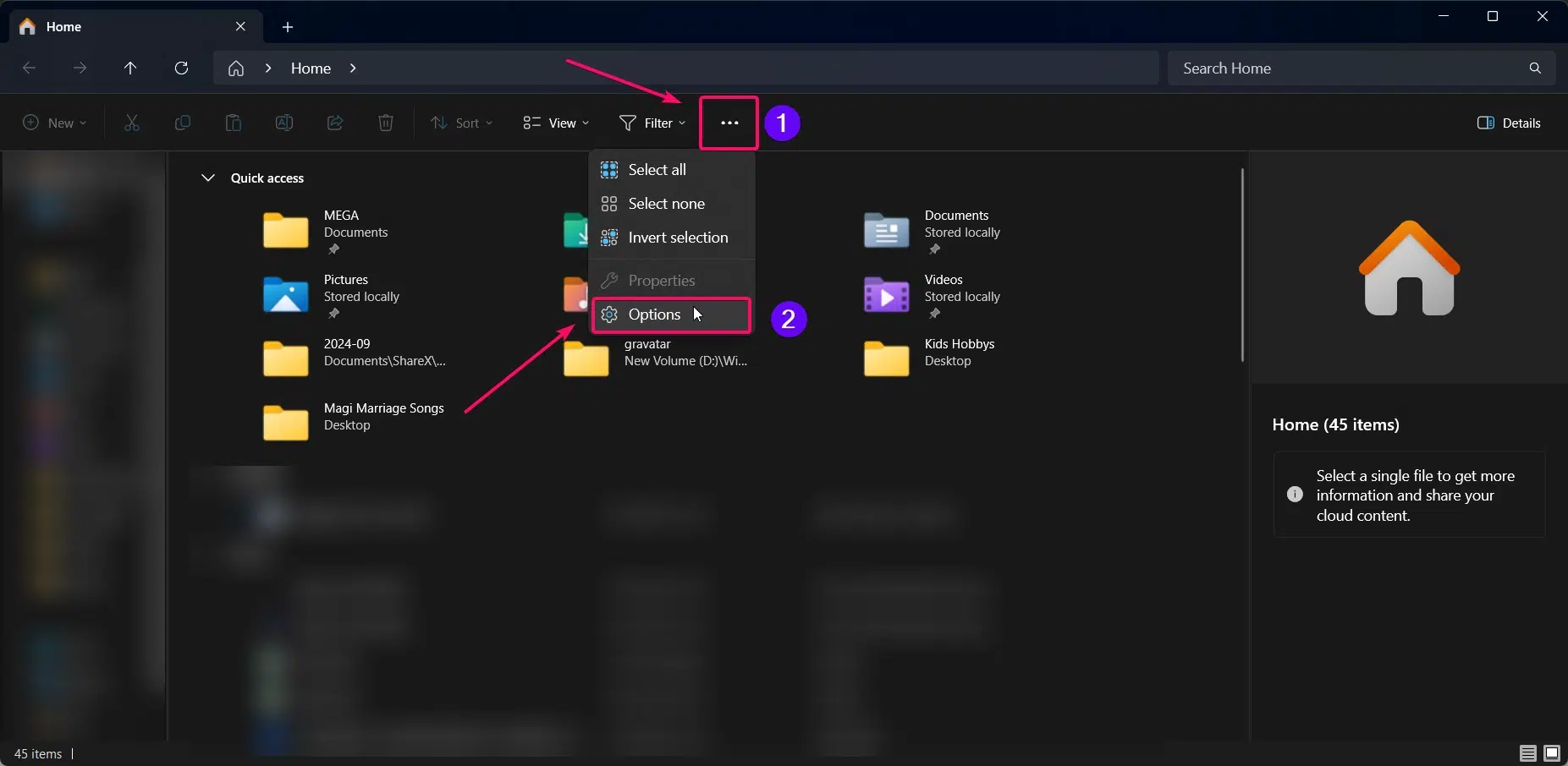 Accessing File Explorer Options from the top ribbon menu