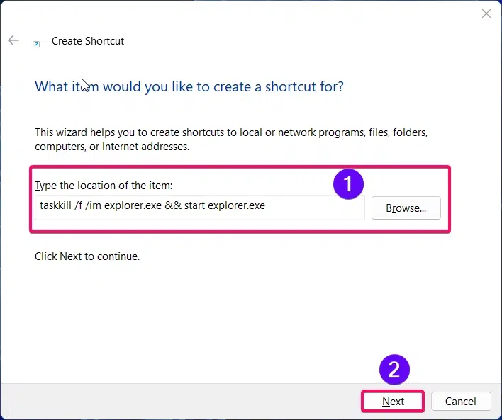 Pasting the command in the Location Box of the Desktop Shortcut