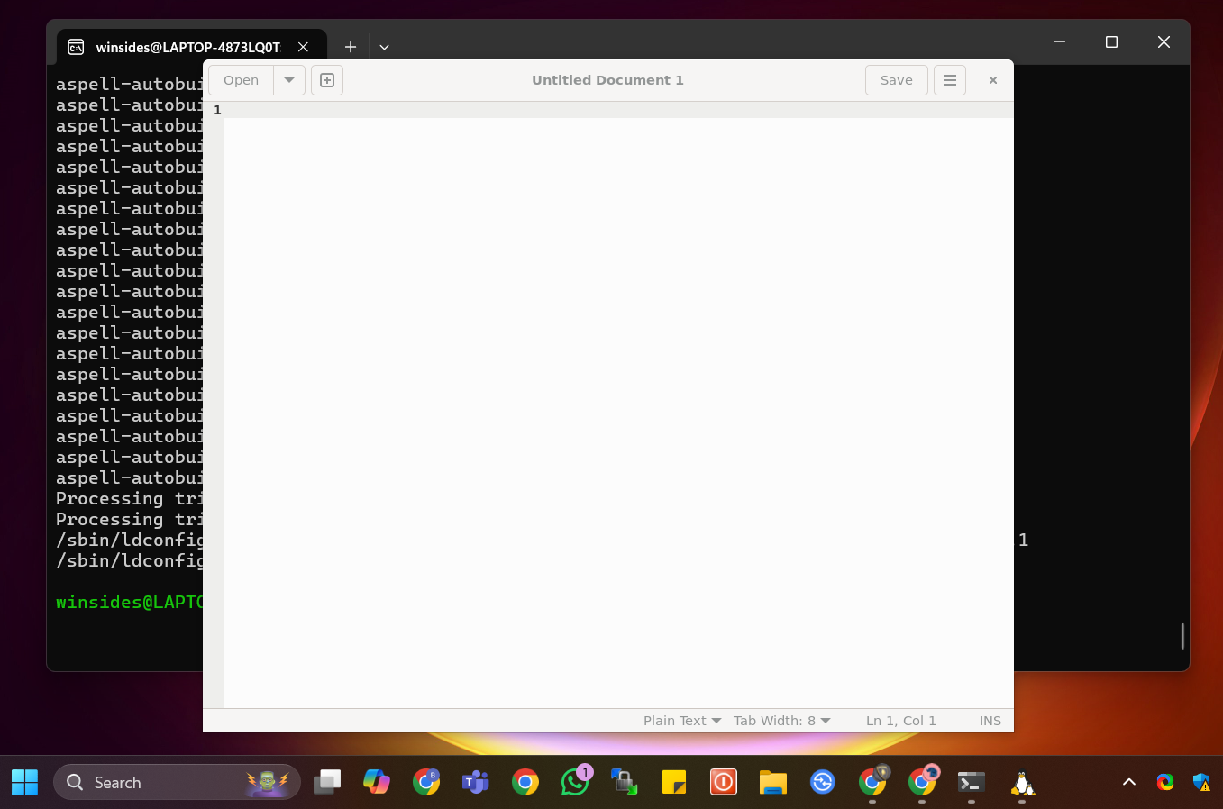 gedit running in the GUI in Windows 11