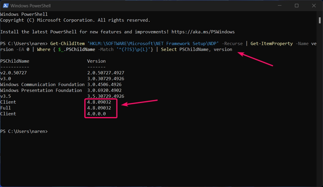 PowerShell command to display .net framework version