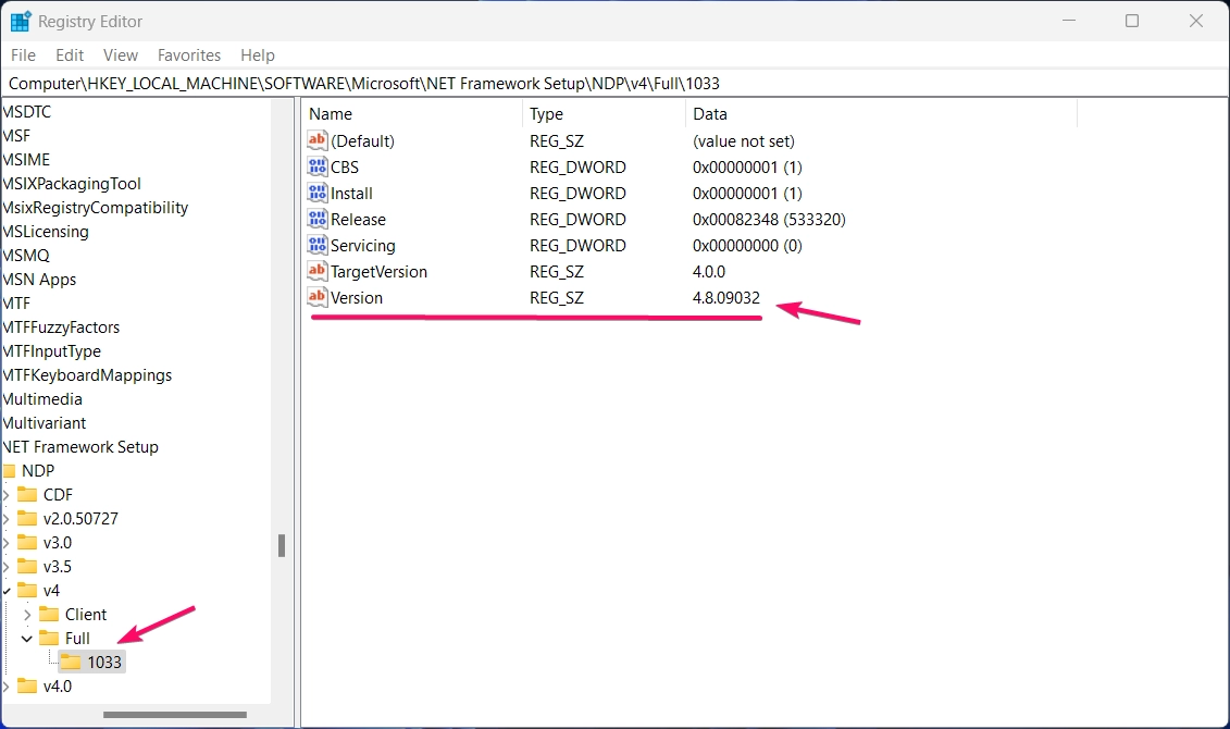 Finding .Net Framework Version from Registry Editor