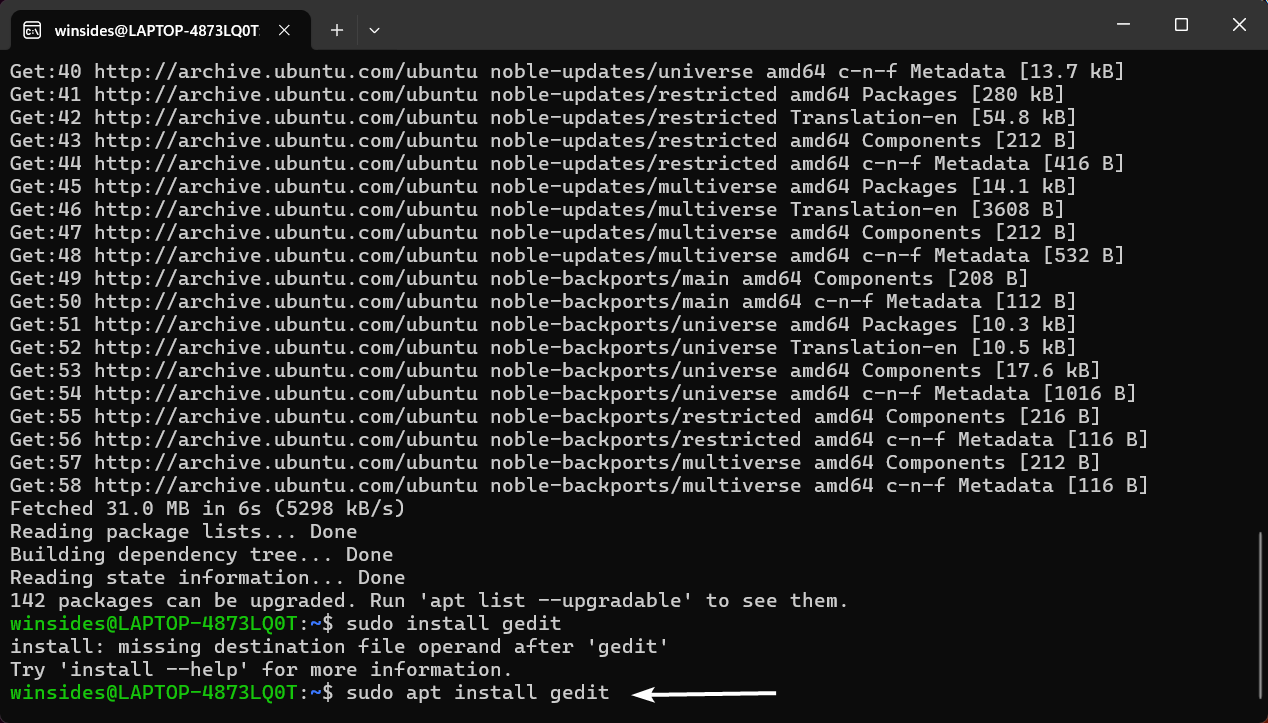 sudo apt install gedit sudo apt install gedit