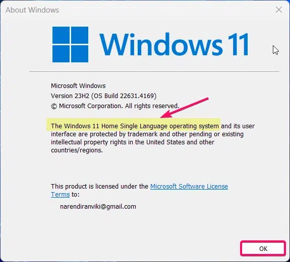 The Installed Windows 11 Edition is highlighted in About Windows option