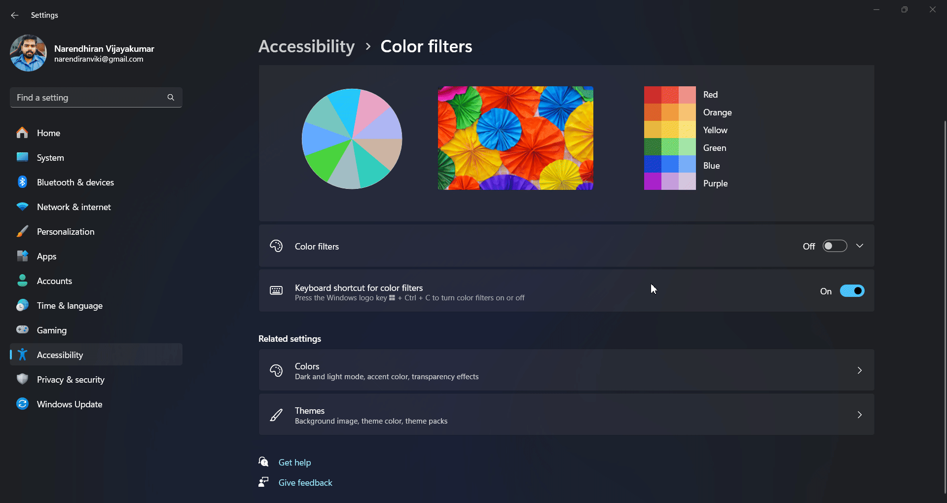 Enabling Color filter and exploring its options