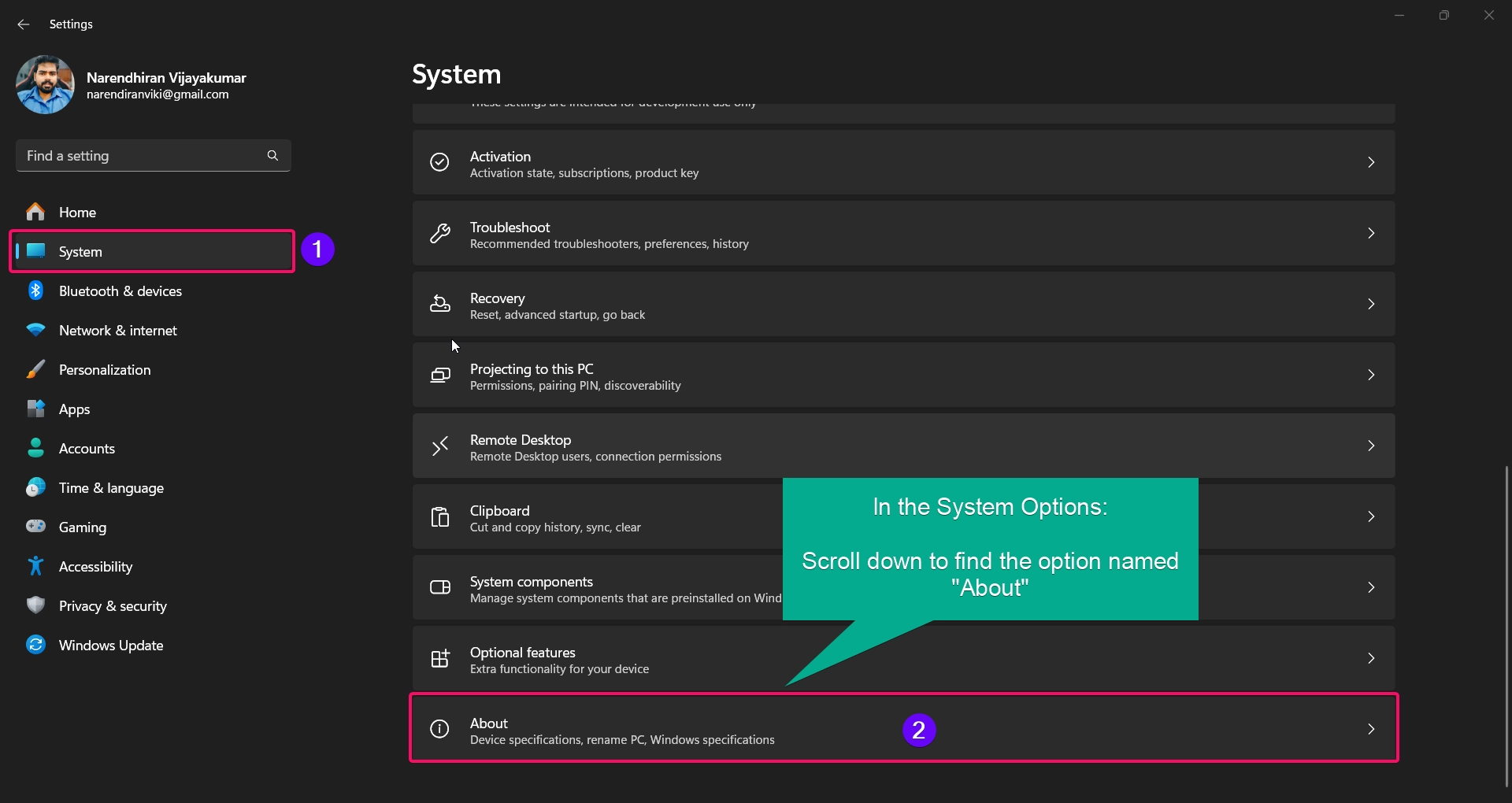 Open About options from the system settings menu