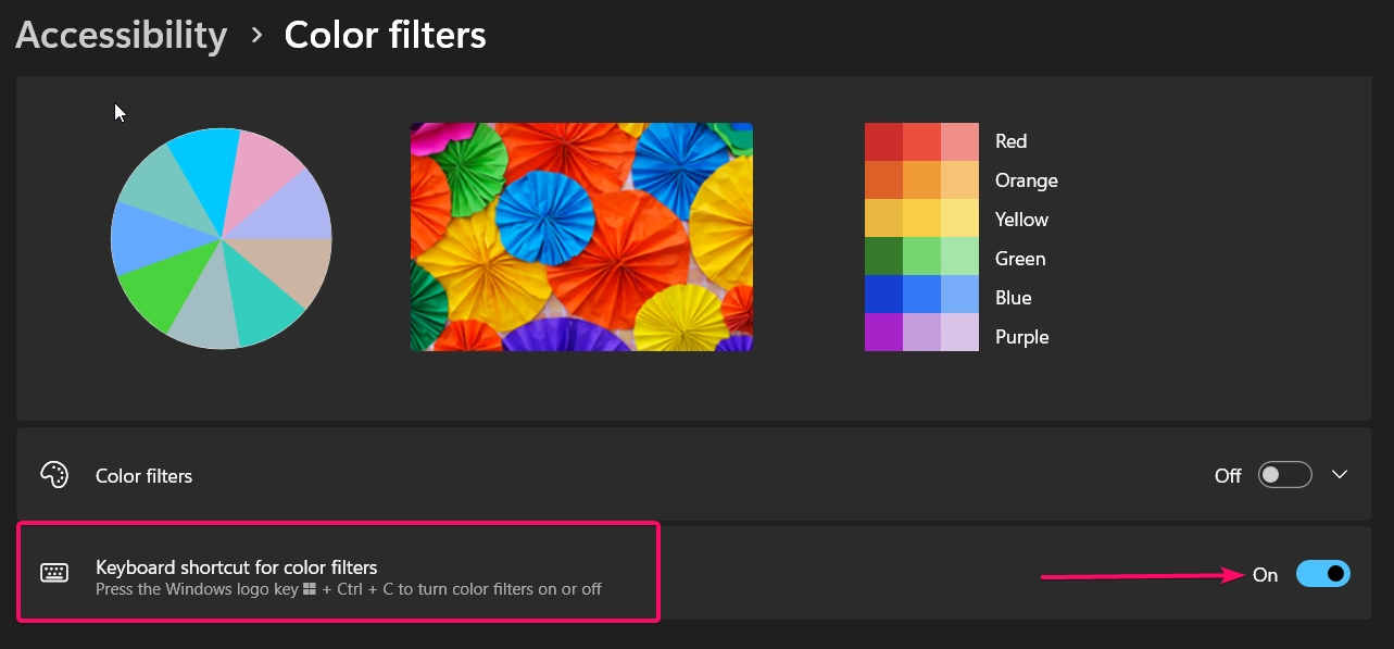 Enabling Color Filter Shortcut in Windows Settings