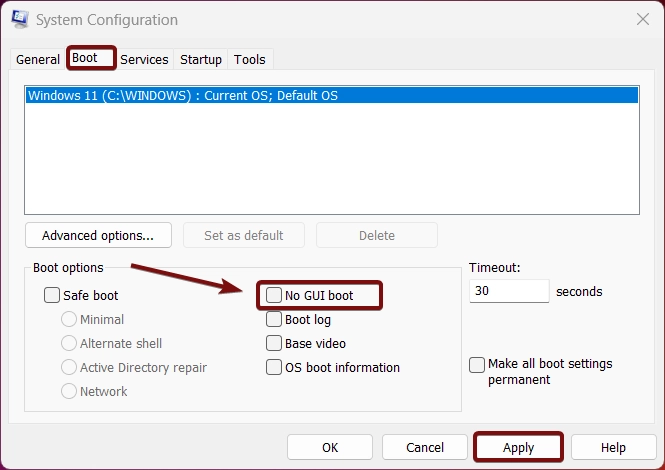 Disable No GUI Boot option in Windows 11