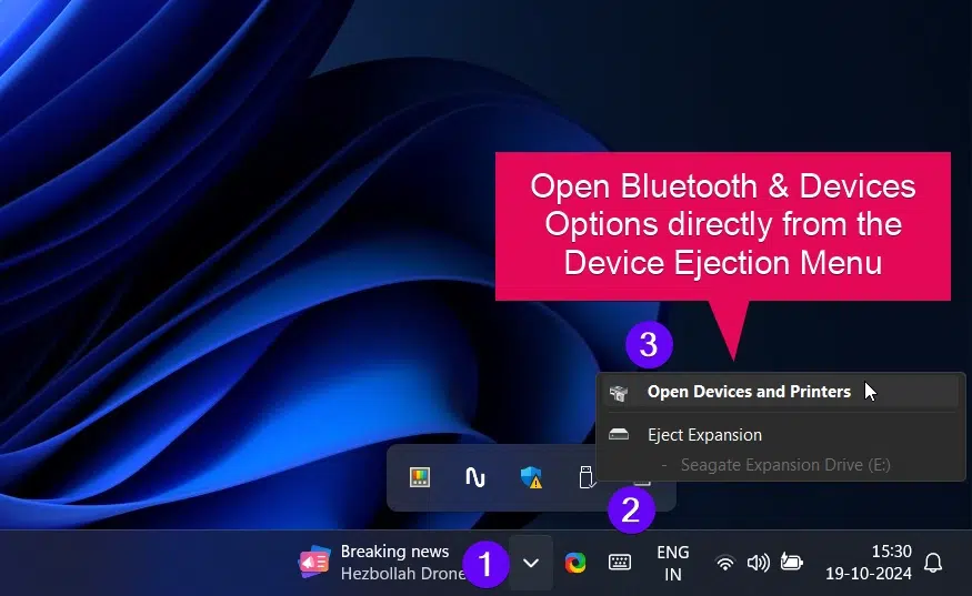 Open Bluetooth & Devices Settings from External Device Ejection Menu