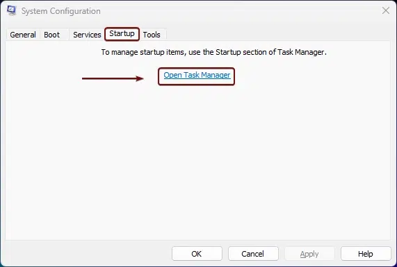 Open Task Manager to manage startup apps via msconfig