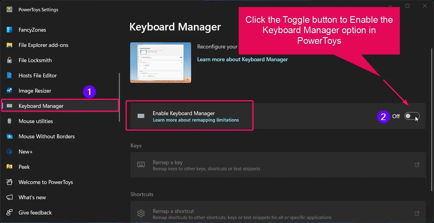 Enabling Keyboard Manager in PowerToys