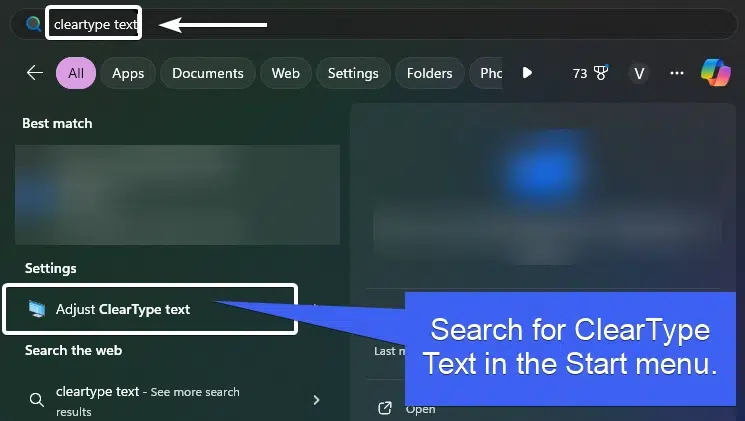 Search for ClearType Text in the Start menu