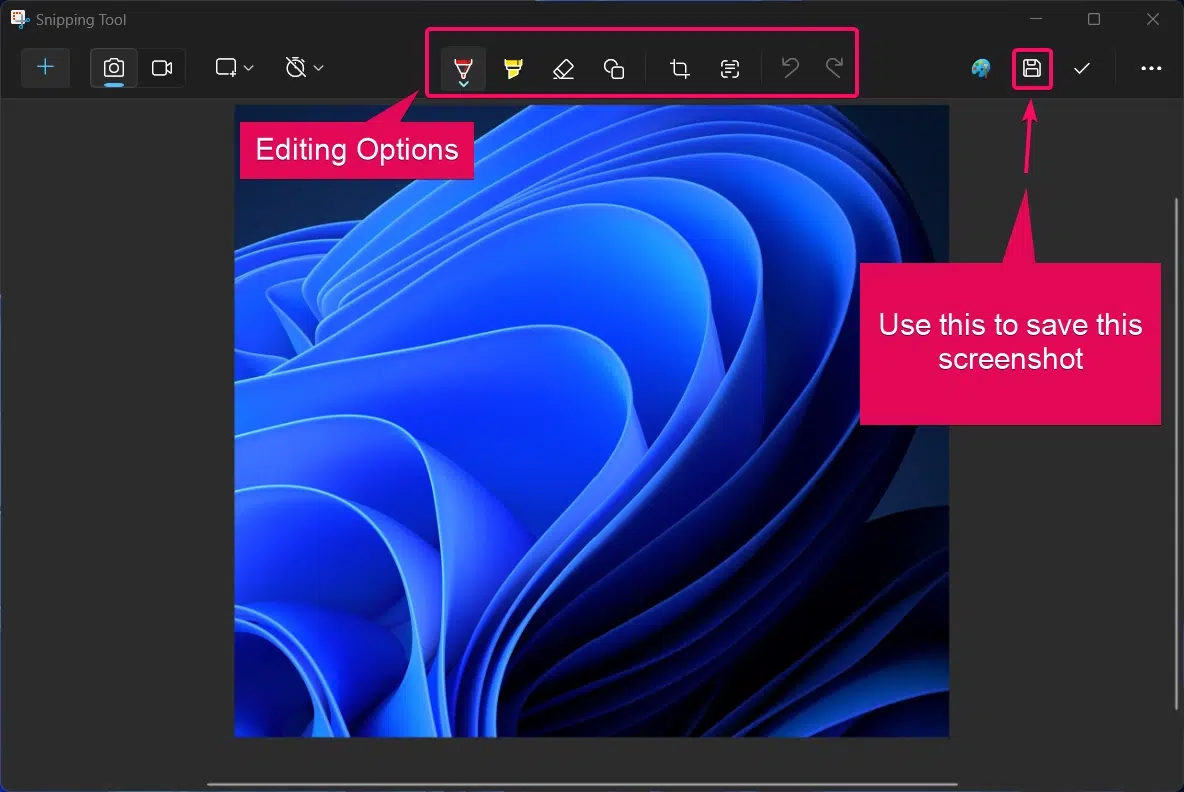 Snipping Tool editing & saving options.