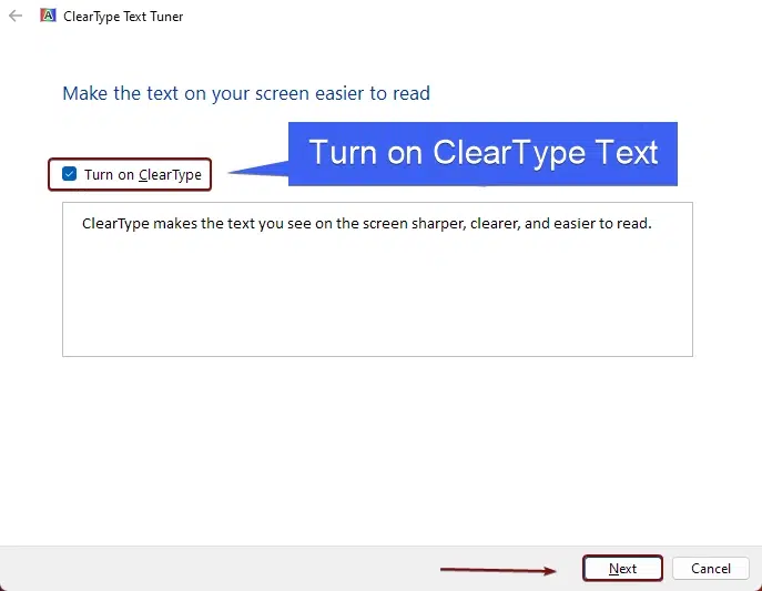 Turn on clearType Text