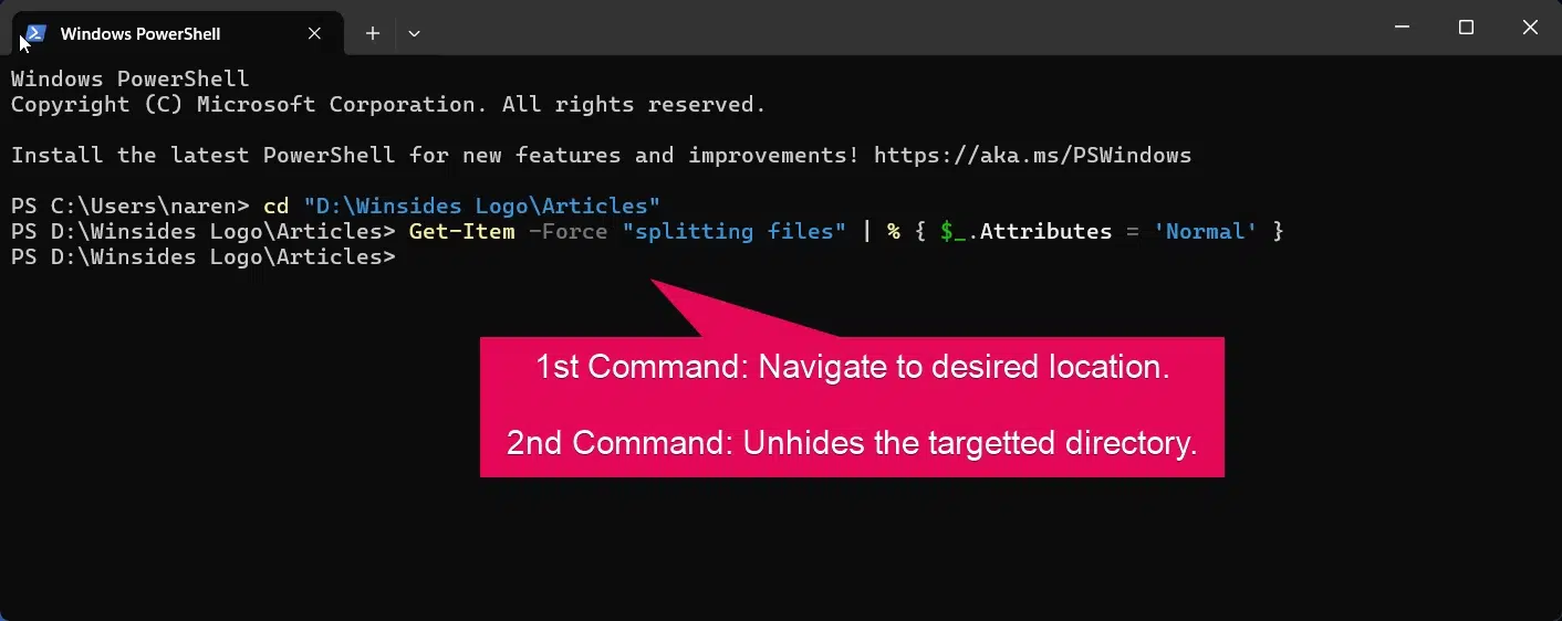 Executing PowerShell command unhides the directory.