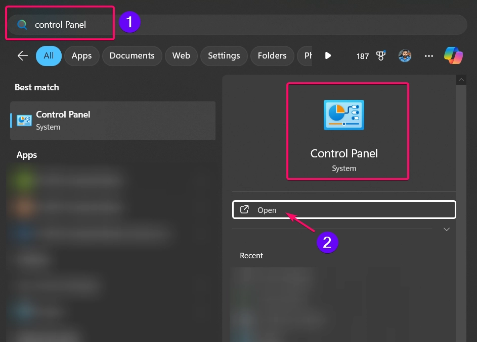 Open Control Panel app from Start Menu