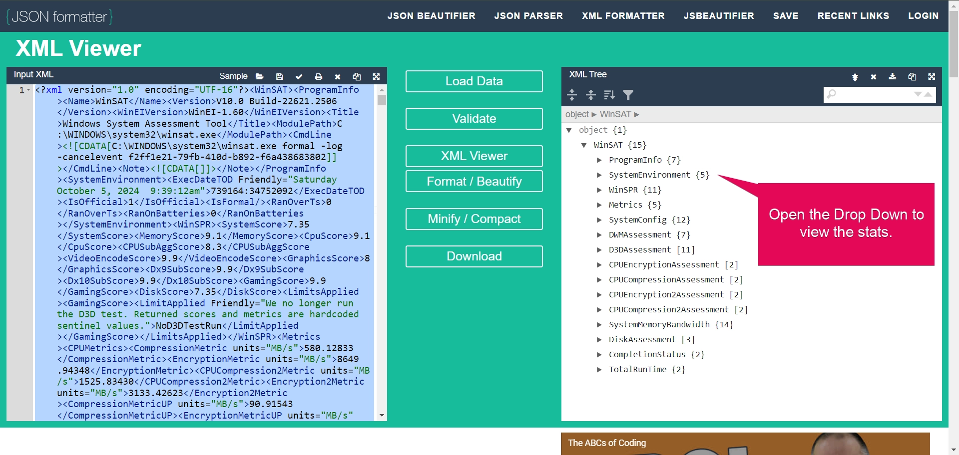 Viewing XML file using online website to view the score of your pc.