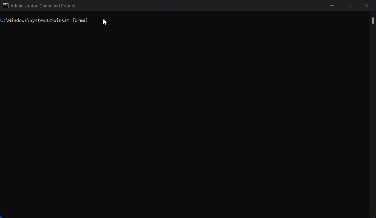 Command Prompt running the winsat formal performance assessment