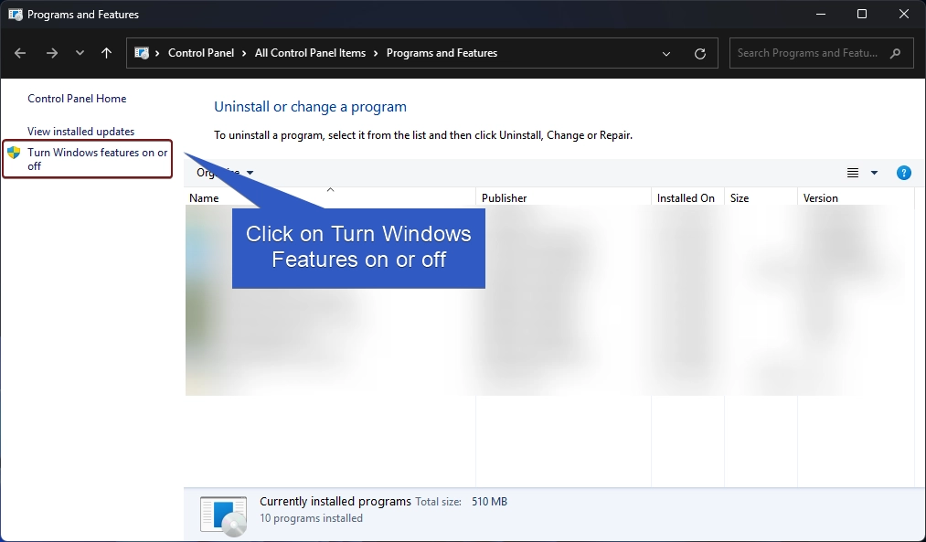 Turn Windows Features on or off