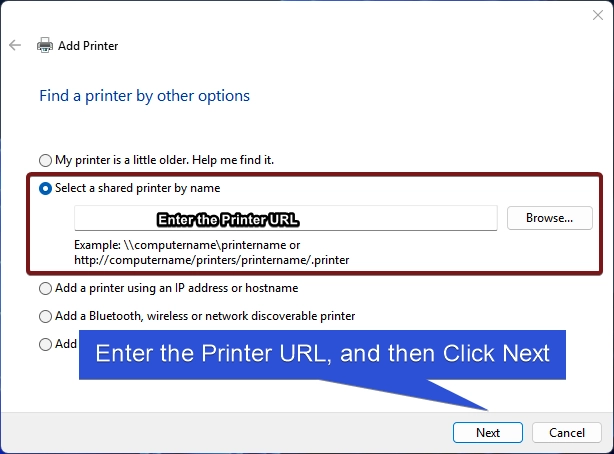 Enter the Printer URL,and then click Next