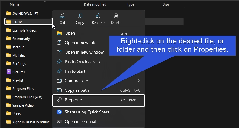 Right-click on the folder and click Properties