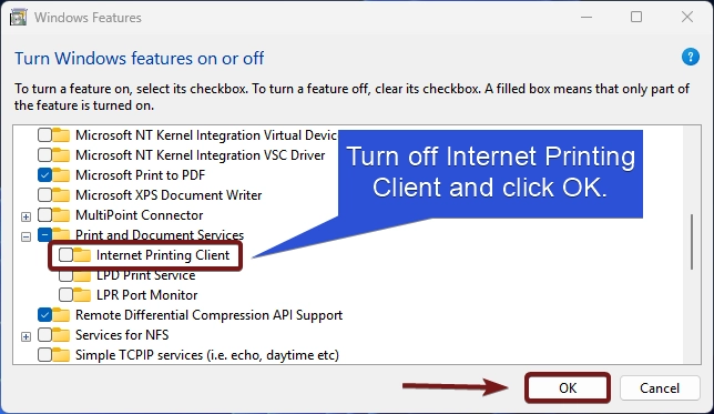 Turn off Internet Printing Client on Windows 11