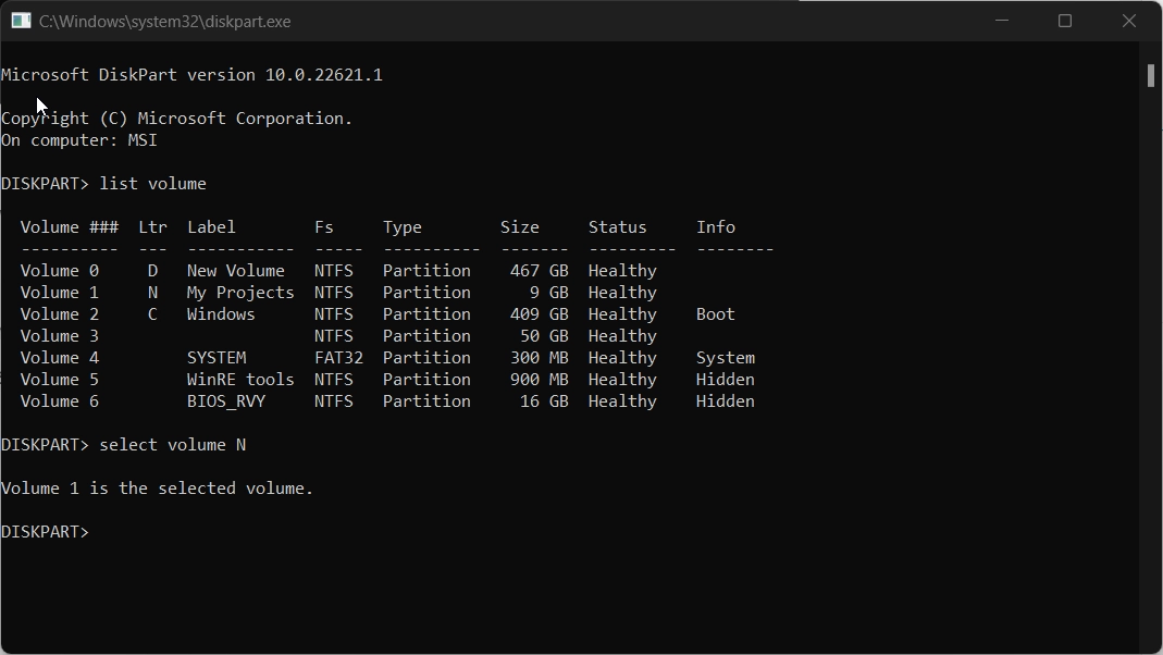 Identifying and choosing the drive using diskpart.exe