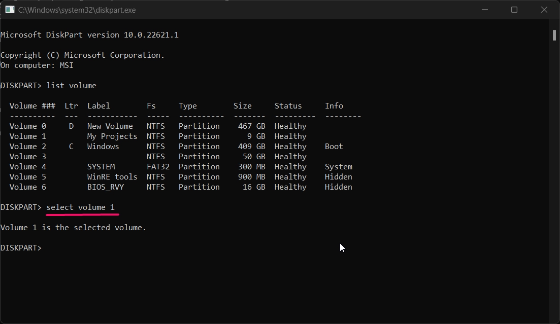 Selecting the Hidden Volume using DiskPart.exe command