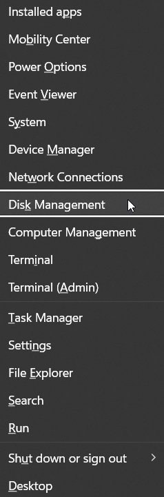 Choose Disk management from the Quick Menu option