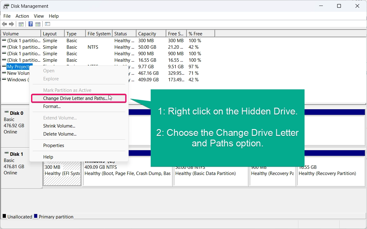 Unhiding the Drive using Disk Management tool