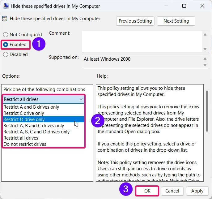 Choosing the drive to hide from the file explorer.