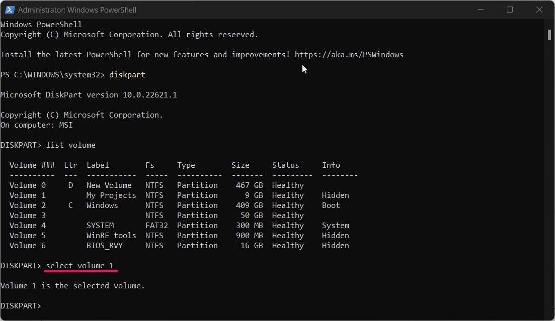 selecting the Hidden Volume using DiskPart.exe in PowerShell