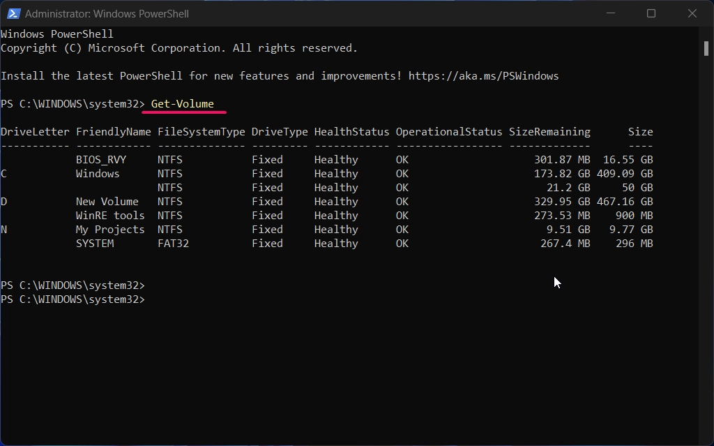 List of volumes available in your device using PowerShell