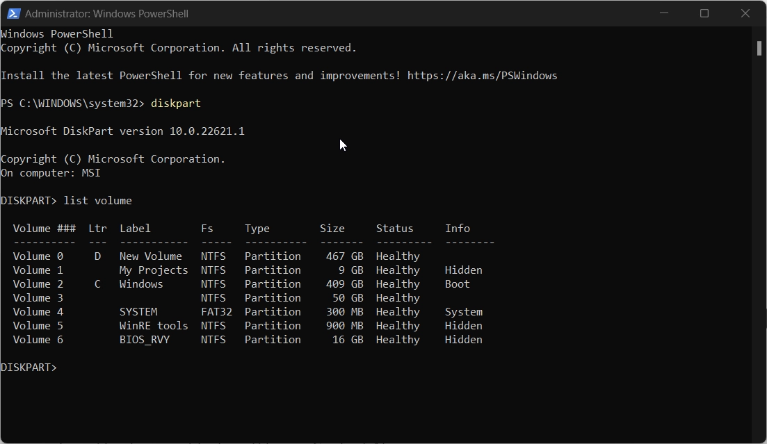 Identifying the Hidden Volumes using the diskpart.exe in PowerShell command