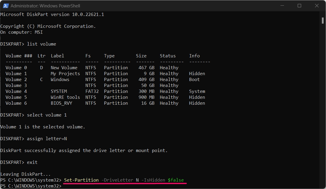 Executing the PowerShell command to unhide the volume or drives.