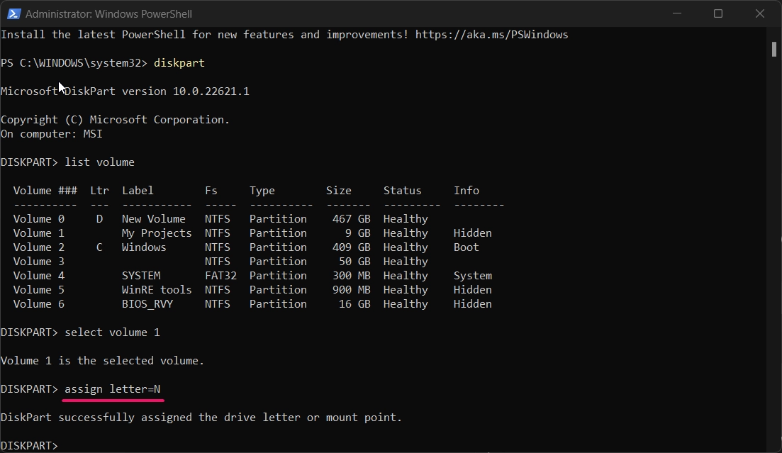 Assigning Drive Letter to the Hidden Drive using the Diskpart.exe in PowerShell