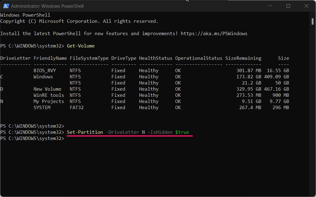 Hide Volumes or Drives using PowerShell Command